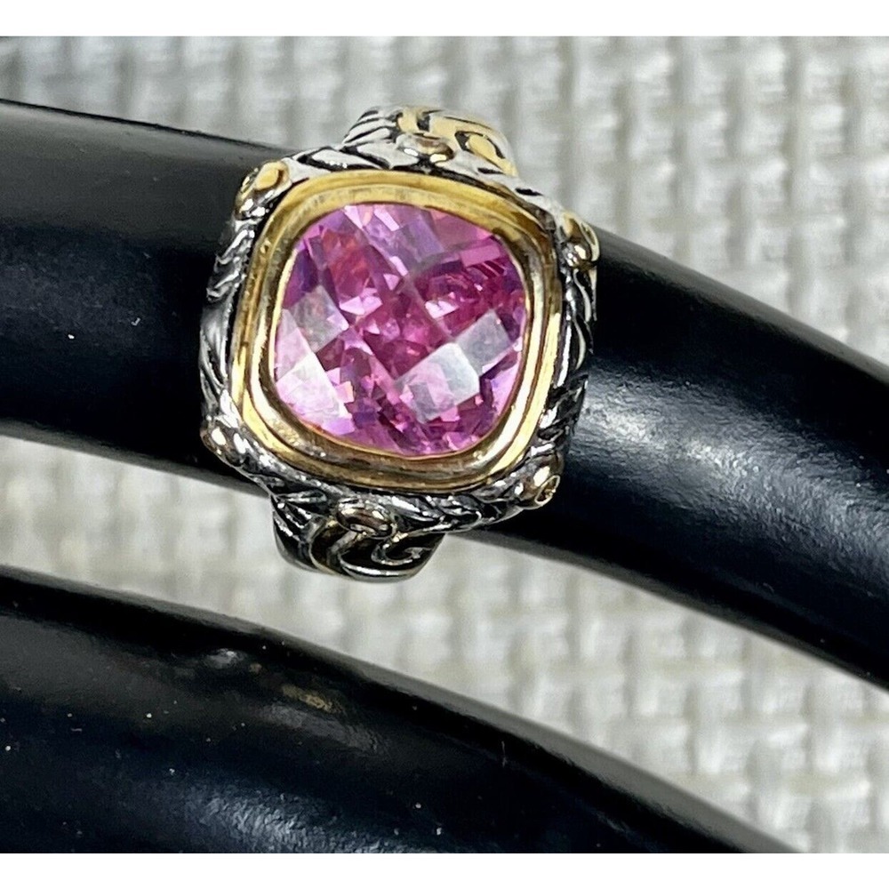 Vintage 18KGP Gold & Silver Tone Ring w/ Pink CZ Scroll Filigree Motif Size 6-7